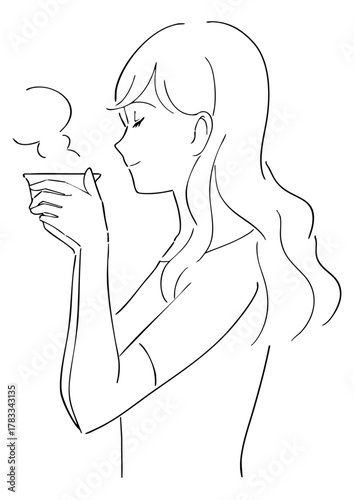 紅茶を飲む女性の白黒イラスト