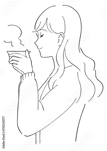 紅茶を飲む女性の白黒イラスト