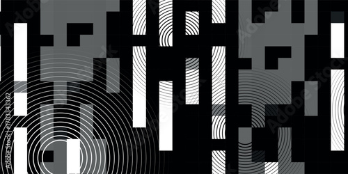 Abstract black and white digital art with geometric shapes, pixelated blocks, and ripple effects.