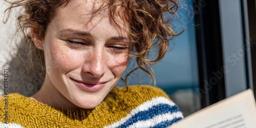 Joyful Caucasian woman reading in sun-dappled serenity, sweater-clad for World Book Day, exudes tranquil bibliophile bliss