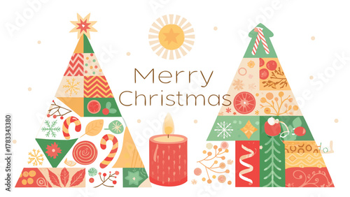 Whimsical merry christmas greeting card featuring two abstract trees decorated with festive patterns and a lit candle