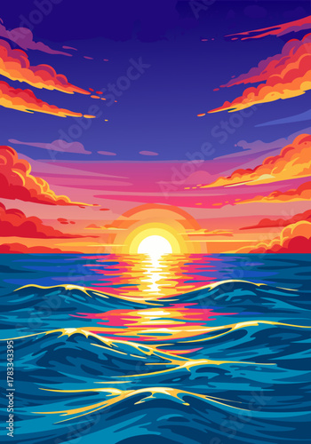 Vibrant Sunset Over Ocean Waves with Fiery Clouds, Reflecting Sunbeams and a Colorful Twilight Sky
