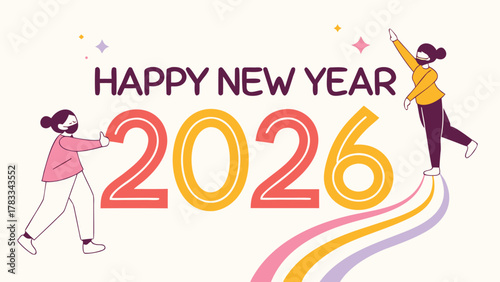 Happy new year 2026 celebration with people and colorful path