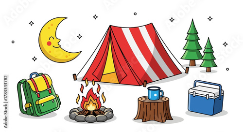 Camping Adventure Icons Tent, Moon, Campfire, Cooler, Backpack, and Trees for Outdoor Fun