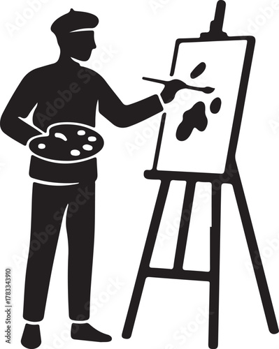 Silhouette of artist standing and painting on easel, creative concept, white background