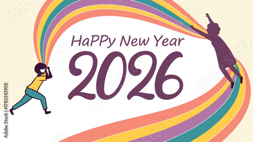 Happy new year 2026 celebration with festive rainbow stream design