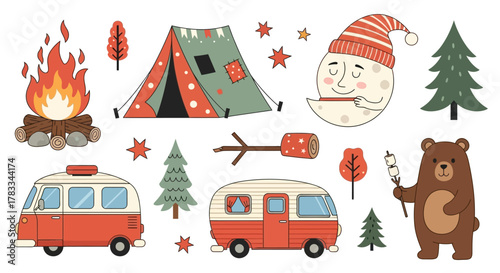 Camping Adventure Cozy Fire, Van Life, Cute Bear, Sleeping Moon