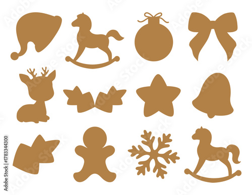 Christmas silhouette. Holiday templates for cutter craft machine. New year decoration. Cut shape for stencil isolated on white background. Flat cute vector illustration. Gingerbread cookie, horse, bow