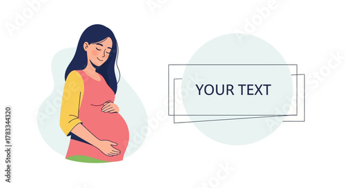 Happy pregnant woman gently holding her baby bump with eyes closed in anticipation