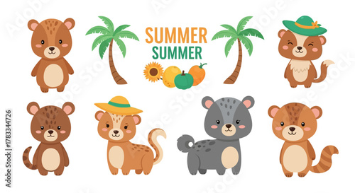 Cute Cartoon Animals Enjoying Summer Vacation Under Palm Trees Illustration