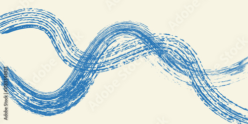 Grunge grainy blue brush stroke with spray texture. Hand drawn distress damaged vintage banner with zigzag bold line. Rough thick brush stroke texture. Spray paint effect vector background.