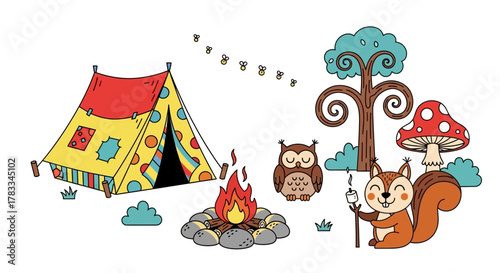 Whimsical forest camping scene with a cozy campfire, colorful tent, and charming woodland animals enjoying a delightful outdoor adventure under a starry sky