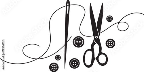 Silhouette of needle, thread, scissors, and buttons, craftwork design, white background