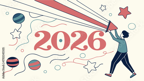 New year 2026 celebration festive illustration with a person.