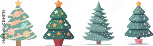Cute decorative Christmas tree set with ornaments, stars, candy and garlands, festive winter holiday vector.