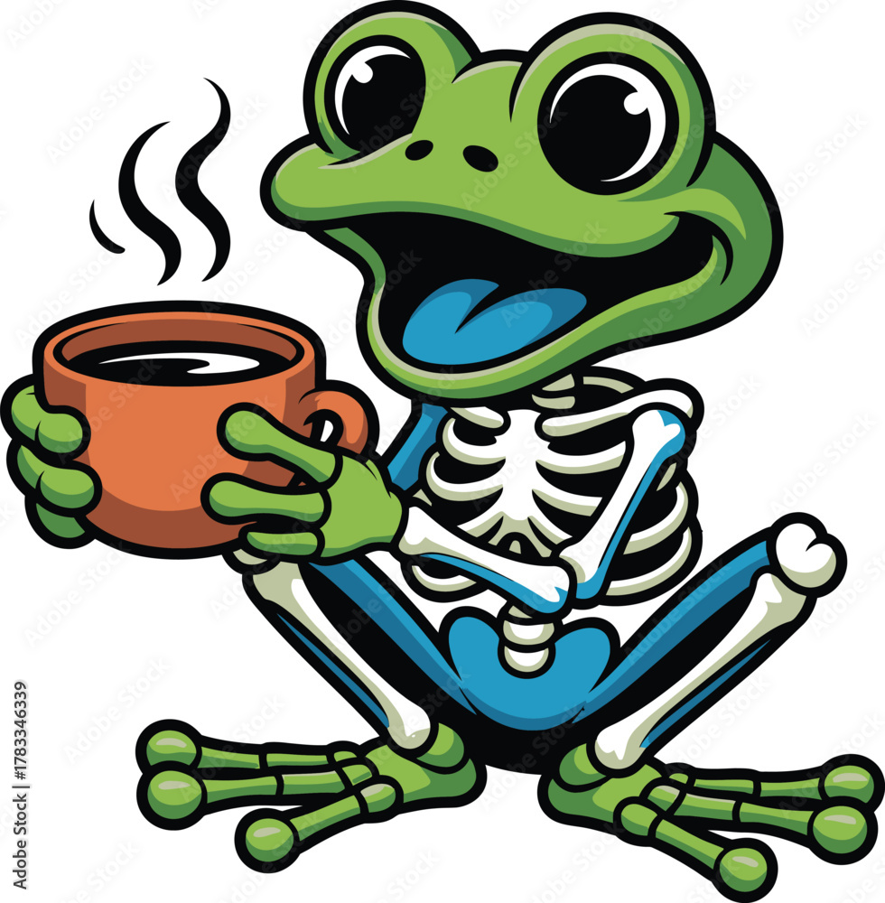 Obraz premium Cartoon frog holding a steaming coffee cup hot drink