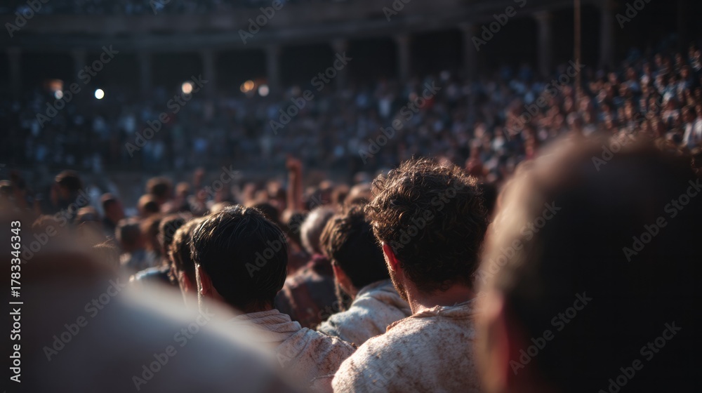 Fototapeta premium A sea of eager spectators buzzes with anticipation during a lively Palio di Siena, where tradition meets fervent spirit