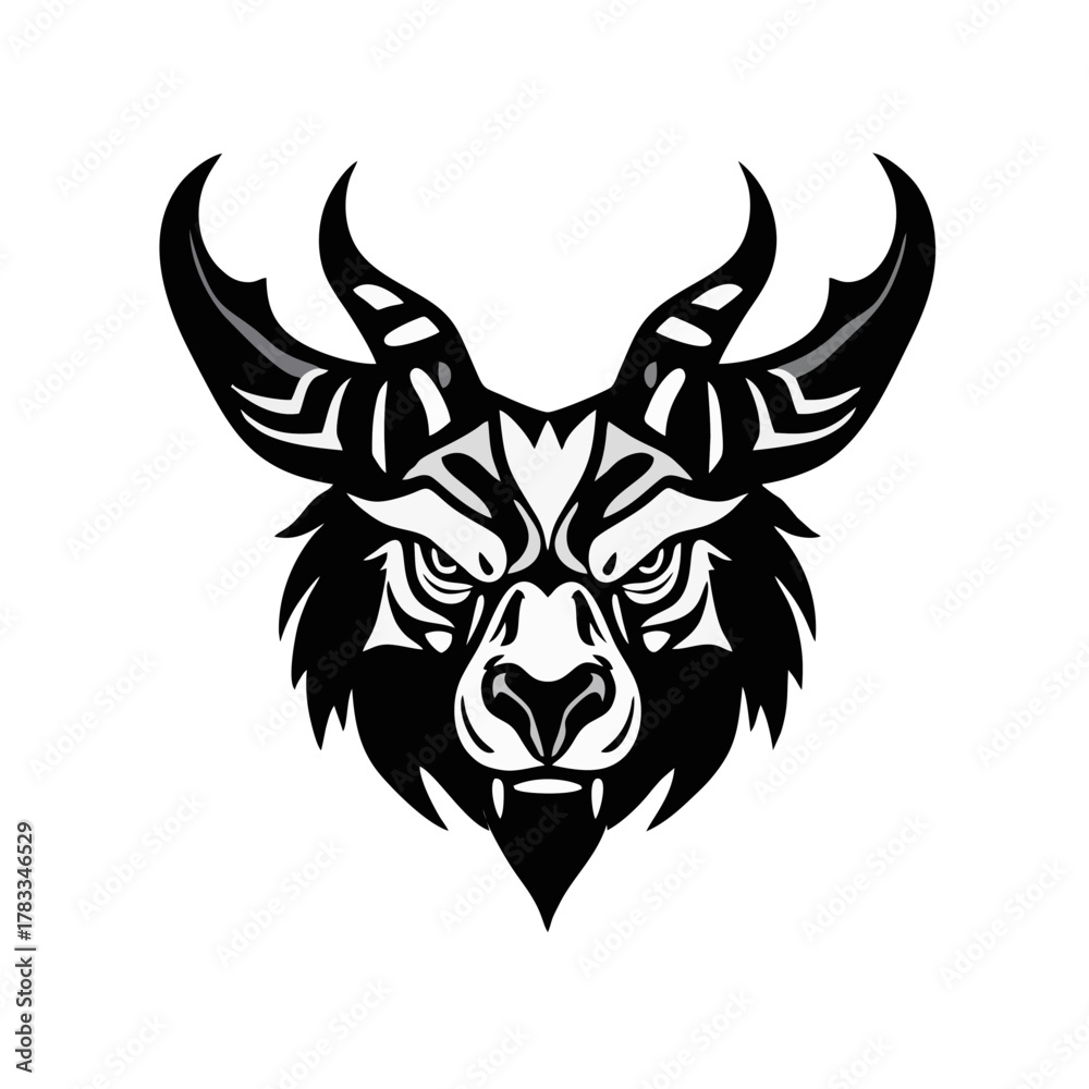 Fototapeta premium Tribal Horned Dog Logo, Sharp Angular Lines, Black on White Vector, Silhouette Style