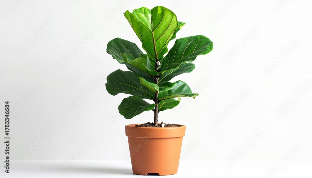 Obraz premium Healthy fiddle-leaf fig plant with large glossy dark green leaves and prominent veins, placed in terracotta pot with matching saucer, set against plain white background, upright and decorative present