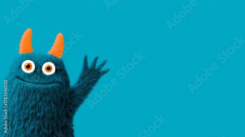 Fuzzy azure monster waves warmly, embrace Monster Appreciation Day, whimsical creature festivity, unique charm in vibrant imagination land