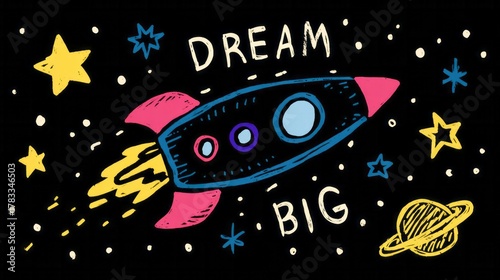Rocket ship doodle soars among twinkling stars, embracing cosmic dreams, astronaut aspirations, perfect for International Space Day musings