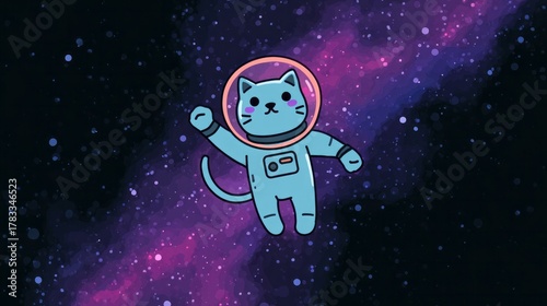 A whimsical space-faring feline, cosmonaut cat meows through nebulae, perfect for International Cat Day or Yuri's Night celebrations