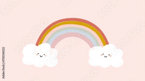 Kawaii clouds cradle a pastel rainbow, embracing whimsical joy, reminiscent of Japan's Haru Matsuri and Pride celebrations