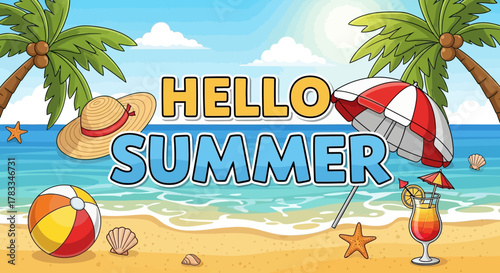 Hello Summer Beach Scene with Palm Trees, Beach Ball, and Umbrella