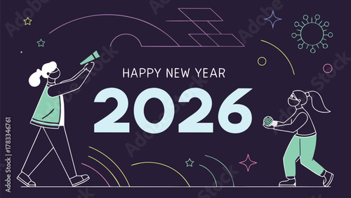 Happy new year 2026 with people looking to future innovation.