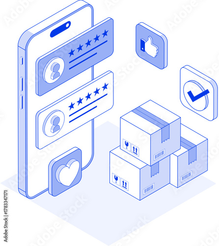 Isometric Mobile Customer Reviews with Boxes