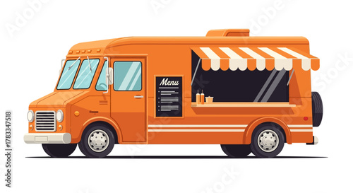Bright Orange Food Truck with Menu and Awning Offering Delicious Cuisine