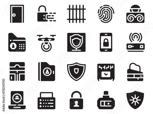 Collection of 20 glyph style security and access control icons for digital design
