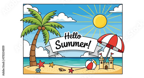 Vibrant cartoon beach scene with a majestic palm tree, bright sun, sandcastle, and umbrella, inviting a joyful summer vacation