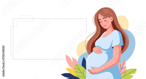 Happy pregnant woman holding her belly. Modern flat vector illustration for maternity and motherhood concepts with copy space