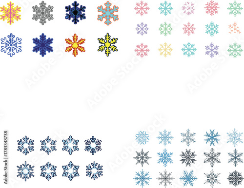 Vector art of Playful multicolor snowflake icons, Modern flat colorful snowflake icon collection, icy blue and turquoise gradient shapes, Christmas winter symbol set