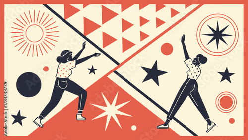 Abstract illustration of women reaching for stars in geometric design