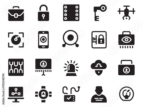 Collection of 20 glyph style icons for security and technology concepts