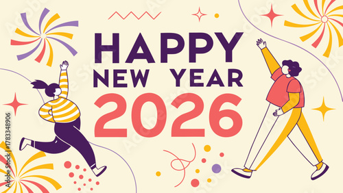 Happy new year 2026 celebration with festive people, fireworks