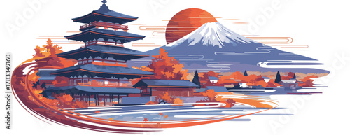Vettore stilizzato di un tempio pagoda giapponese con Monte Fuji e sole rosso all'alba o tramonto.