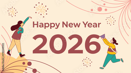 Happy new year 2026, festive illustration with joyful people. 