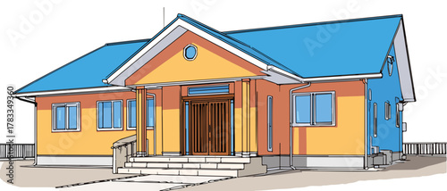 Vettore illustrazione casa unifamiliare moderna con tetto azzurro e facciata gialla e arancione.