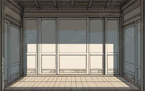 Interno giapponese tradizionale vuoto con porte scorrevoli shoji e luce solare che filtra sul pavimento in legno.