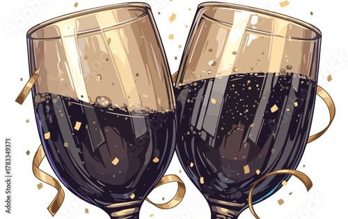 Vettore di due calici di vino rosso scuro che tintinnano con coriandoli dorati per celebrazione.