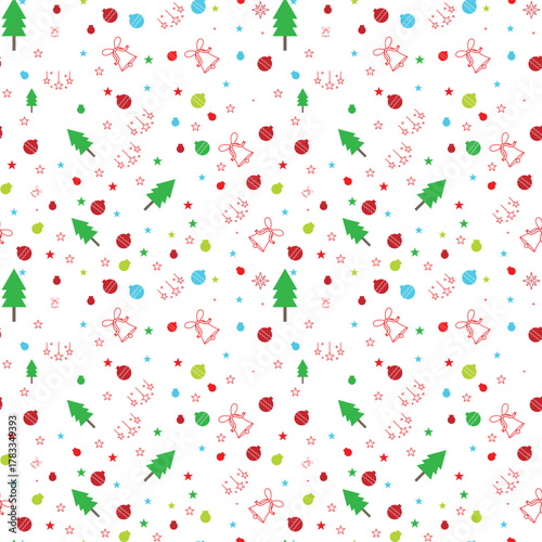 Christmas seamless, holiday tree bell, ornament ball star snow, cute winter doodle, red green yellow pattern vector illustration.