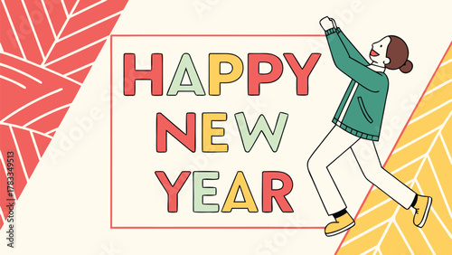 Happy new year greeting card illustration with a joyful person