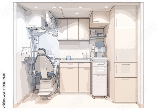 Vettore disegno studio dentistico moderno con poltrona e attrezzature mediche per igiene orale.