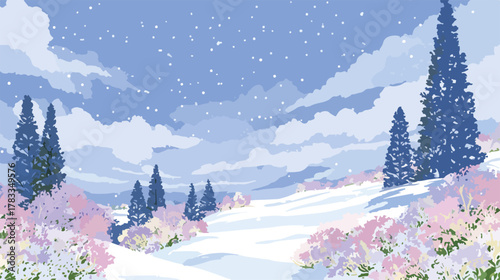 Paesaggio invernale stilizzato con neve soffice e alberi stilizzati in un'atmosfera serena e delicata.