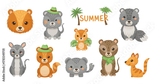 A cute collection of cartoon forest animals for summer. Vector illustration set with isolated characters like a bear, squirrel, and chipmunk