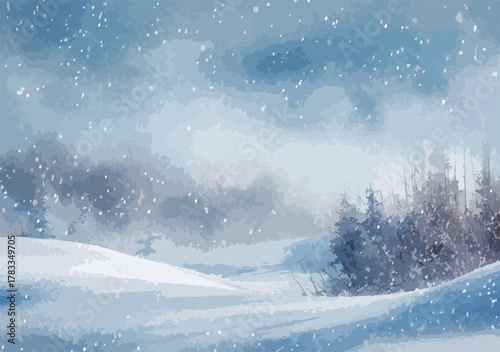 Paesaggio invernale con alberi innevati e fiocchi di neve che cadono dolcemente.