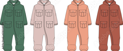 Set of four infant jumpsuits in various earthy tones, featuring practical front pockets and a full-length zipper for easy dressing, ideal for everyday wear